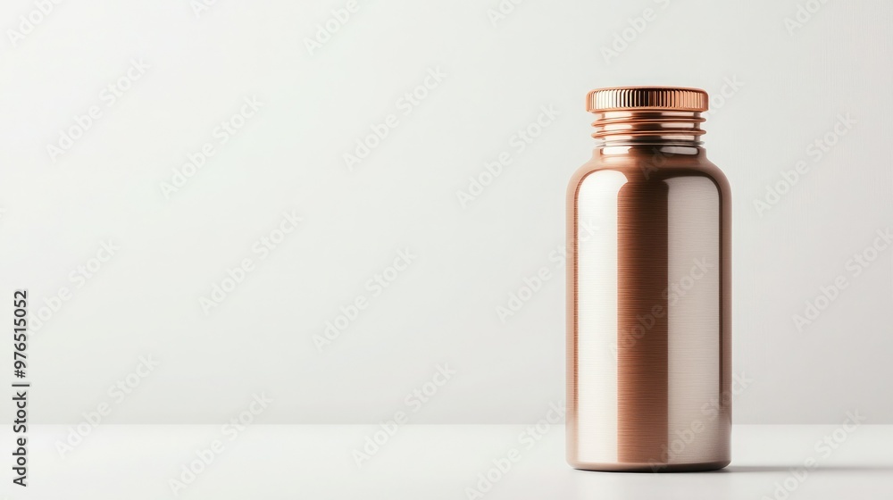 A sleek, modern copper bottle placed on a minimalist background, highlighting its elegant design and stylish appeal. A sleek, modern copper bottle placed on a minimalist background, highlighting its elegant design and stylish appeal.