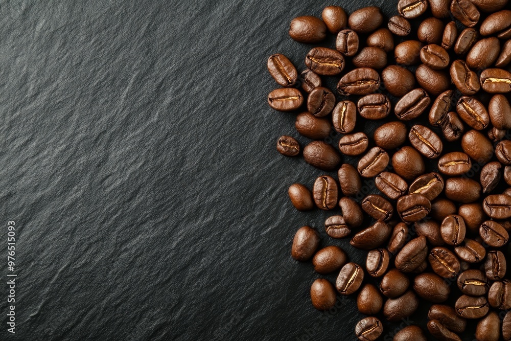 A close-up view of freshly roasted coffee beans scattered on a black slate background, showcasing their rich brown color and aroma, perfect for brewing a delicious cup of coffee. A close-up view of freshly roasted coffee beans scattered on a black slate background, showcasing their rich brown color and aroma, perfect for brewing a delicious cup of coffee.