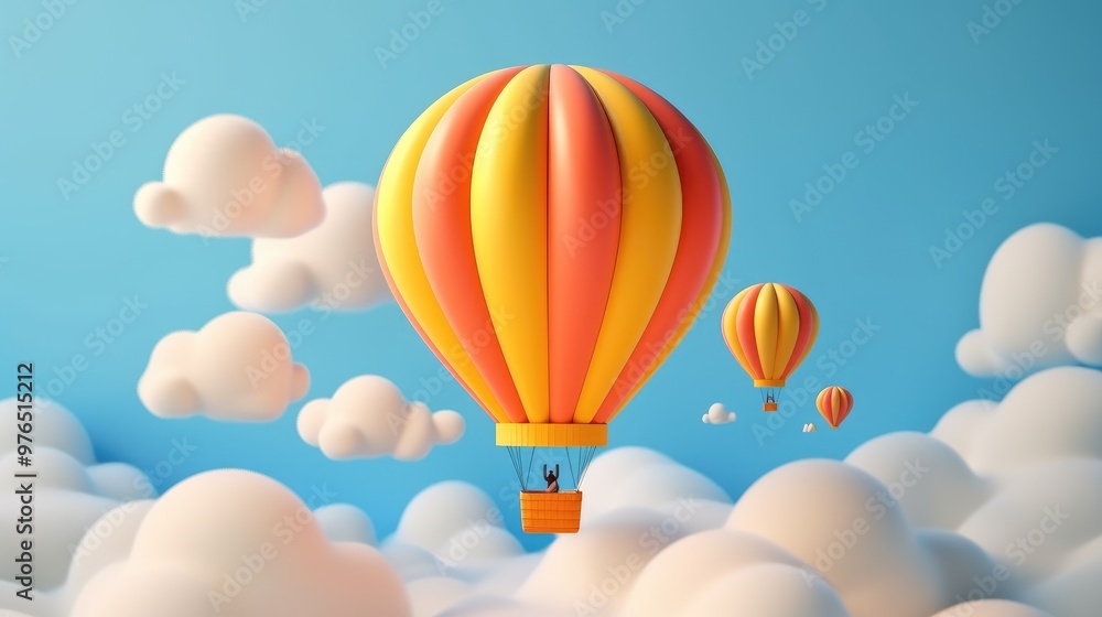 Obraz premium A cartoon hot air balloon with stripes flies through the clouds against a light blue sky.
