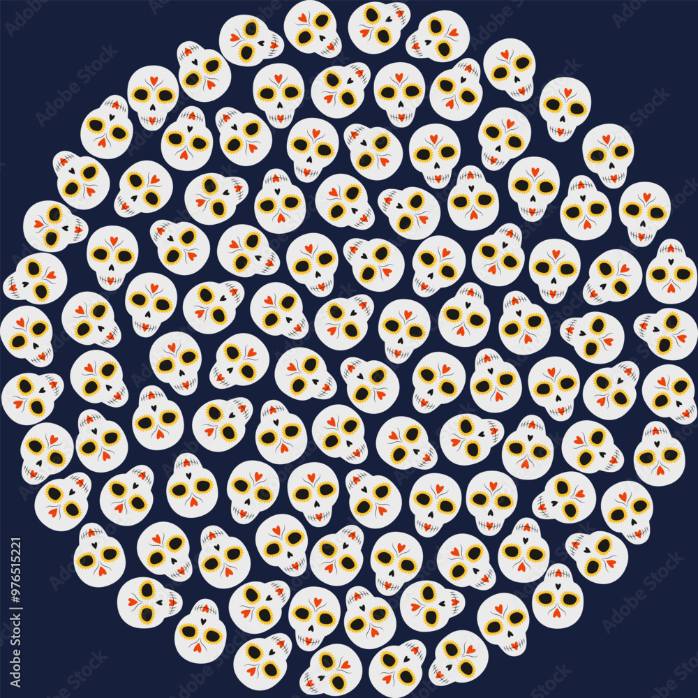 Sugar skulls with decorative hearts and lines. Circle background texture on dark blue Backdrop idea Sugar skulls with decorative hearts and lines. Circle background texture on dark blue Backdrop idea