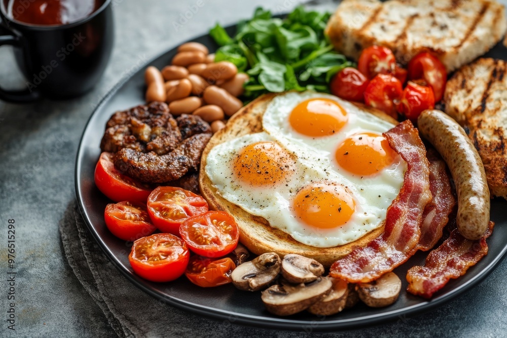 Full English Breakfast, A hearty meal typically including fried eggs, bacon, sausages, baked beans, grilled tomatoes, mushrooms, and toast Full English Breakfast, A hearty meal typically including fried eggs, bacon, sausages, baked beans, grilled tomatoes, mushrooms, and toast