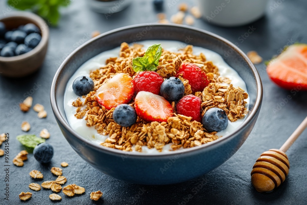 Granola and Yogurt, A bowl of crunchy granola served with yogurt and often topped with fresh fruits, honey, and nuts. Granola and Yogurt, A bowl of crunchy granola served with yogurt and often topped with fresh fruits, honey, and nuts.
