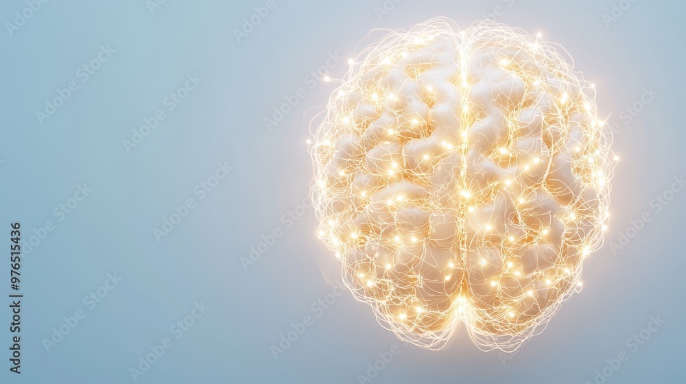 Illuminated Human Brain with Glowing Lines on Blue Background Illuminated Human Brain with Glowing Lines on Blue Background