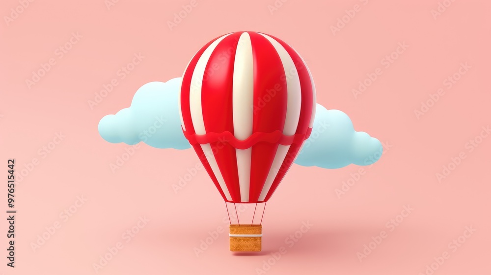 Obraz premium 3D cartoon red and white hot air balloon floating in the sky with blue clouds.