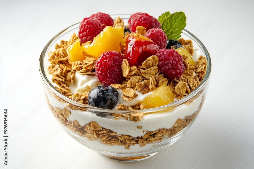 Granola and Yogurt, A bowl of crunchy granola served with yogurt and often topped with fresh fruits, honey, and nuts. Isolated on White Background Granola and Yogurt, A bowl of crunchy granola served with yogurt and often topped with fresh fruits, honey, and nuts. Isolated on White Background