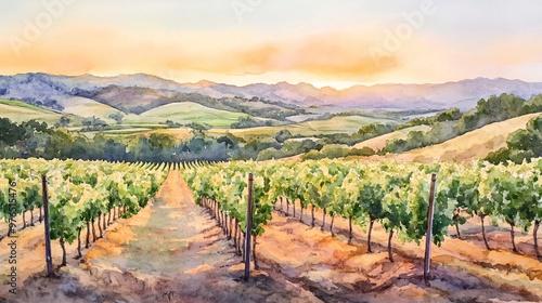 Watercolor painting of a vineyard with rows of grapevines, a dirt road, and rolling hills in the background.