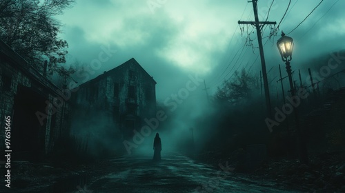 Fototapeta Naklejka Na Ścianę i Meble -  Ghostly Encounter on Foggy Small Town Street - Eerie Urban Scene with Haunting Figure and Dim Street Lamps