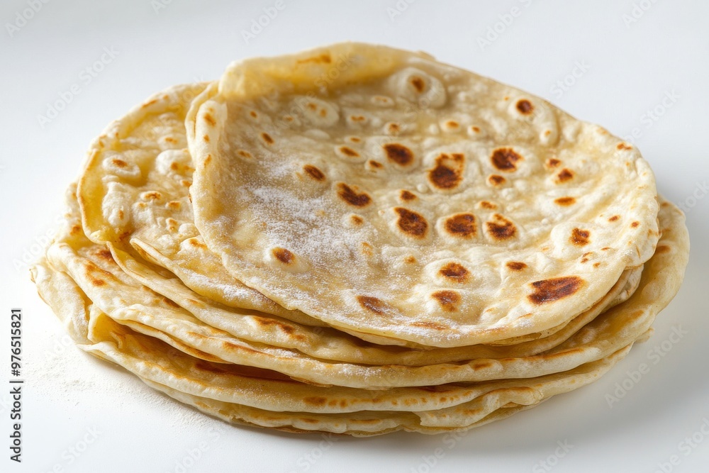 Roti Canai, An Indian-inspired flatbread, crispy on the outside and soft on the inside, often served with a side of curry or dhal. Isolated on White Background Roti Canai, An Indian-inspired flatbread, crispy on the outside and soft on the inside, often served with a side of curry or dhal. Isolated on White Background