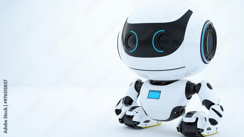 Futuristic White Robot with Blue and Yellow Accents Sitting on White Background Futuristic White Robot with Blue and Yellow Accents Sitting on White Background