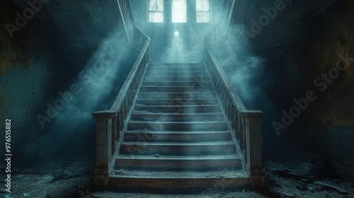 Eerie Ghostly Apparition on Abandoned Mansion Staircase with Moonlight Glow