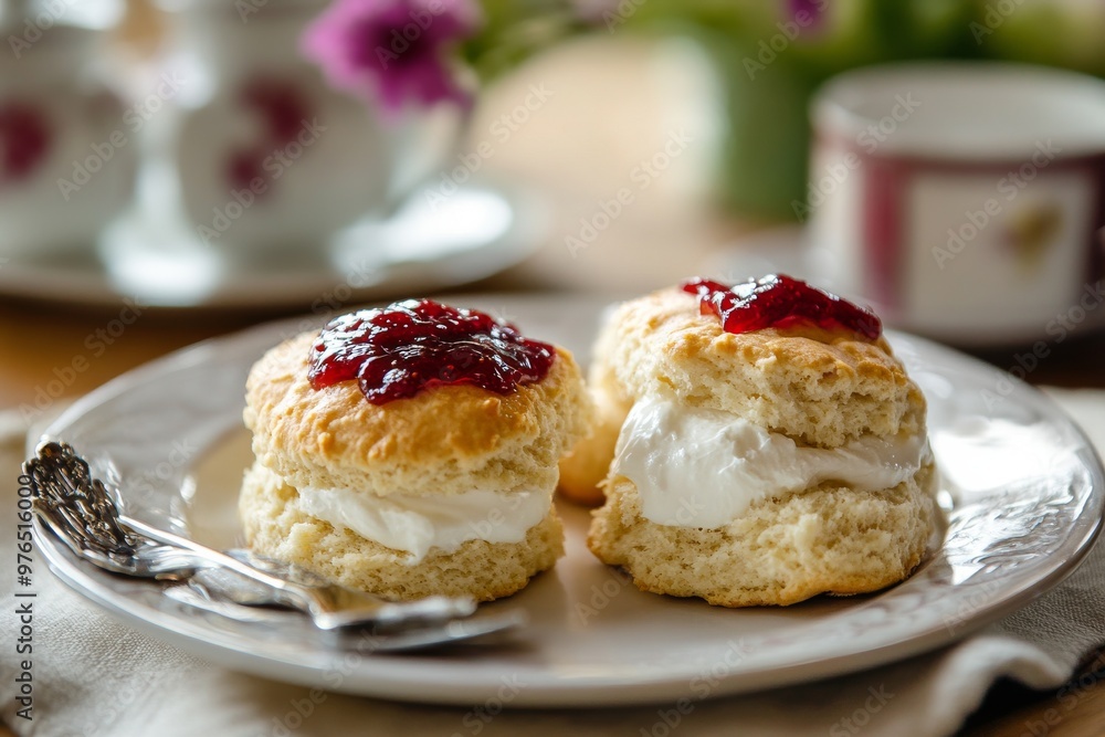 Scone, A slightly sweet, crumbly bread often enjoyed with clotted cream and jam, popular in British breakfasts. Scone, A slightly sweet, crumbly bread often enjoyed with clotted cream and jam, popular in British breakfasts.
