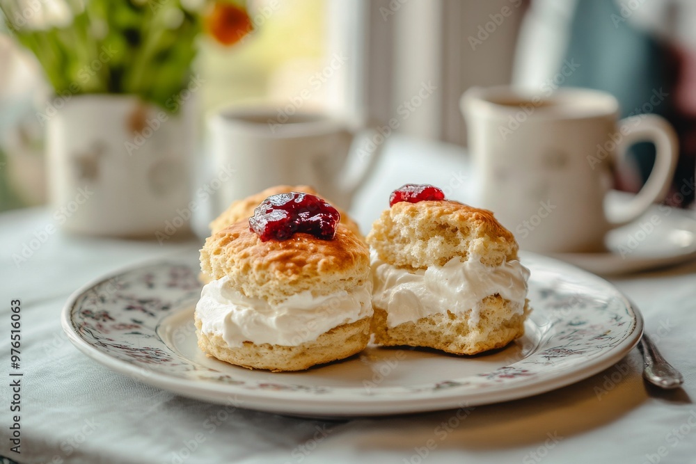 Scone, A slightly sweet, crumbly bread often enjoyed with clotted cream and jam, popular in British breakfasts. Scone, A slightly sweet, crumbly bread often enjoyed with clotted cream and jam, popular in British breakfasts.