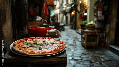 Fototapeta Naklejka Na Ścianę i Meble -  A delicious Neapolitan pizza, freshly baked and topped with basil, sits on a wooden counter in the historic center of Naples, Italy. The cobblestone streets and surrounding buildings create a charming
