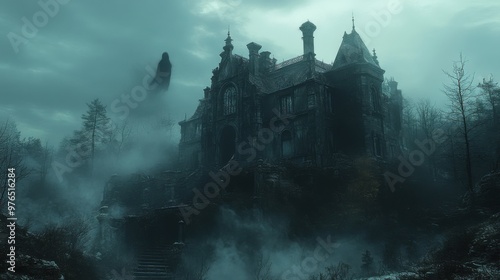 Eerie Haunted Mansion with Ghostly Apparition by Cracked Windows on Misty Hilltop