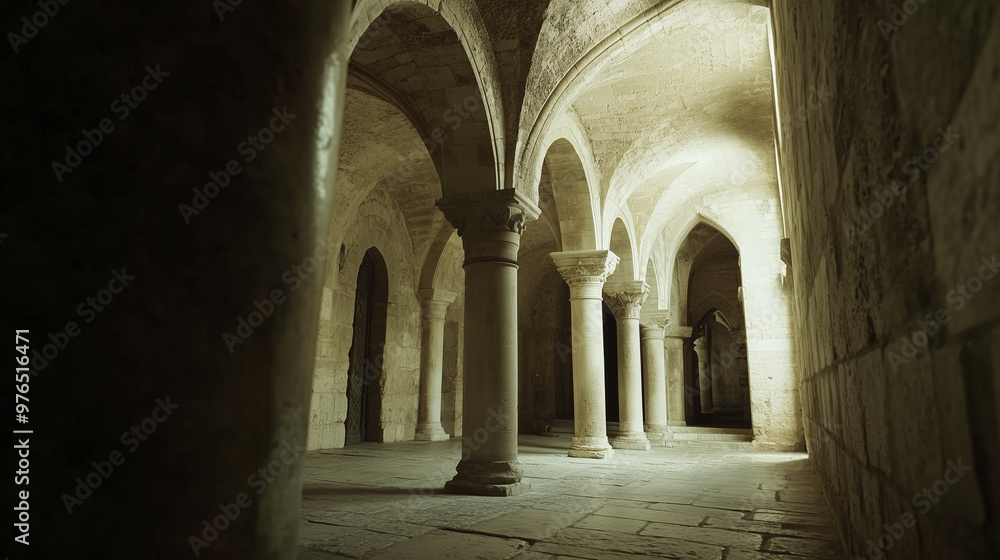 Dimly lit ancient stone corridor with arched ceilings and columns, evoking a sense of mystery and history. Dimly lit ancient stone corridor with arched ceilings and columns, evoking a sense of mystery and history.