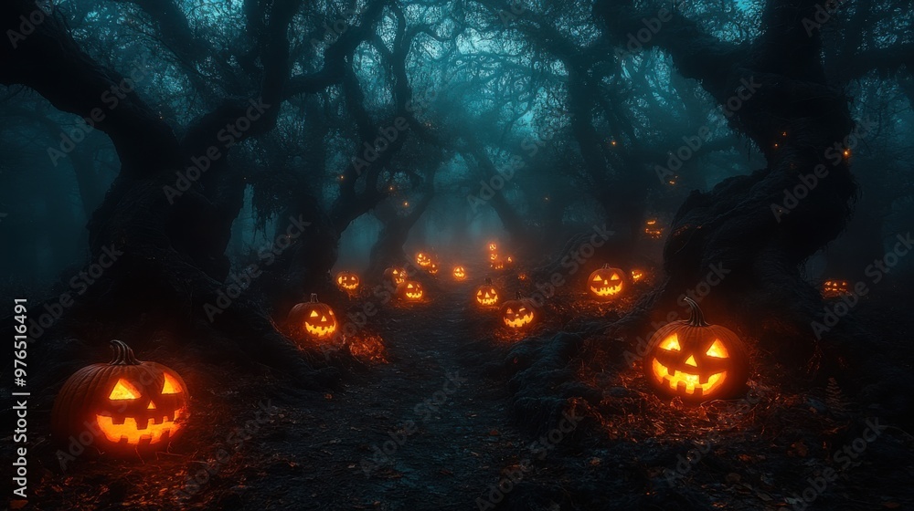 Eerie Midnight Haunting in Spooky Forest - Ghostly Figures, Jack-o'-lanterns, Fog, Ominous Atmosphere, Realistic Style | Nikon Z7 II, 24mm f/1.8 Lens Eerie Midnight Haunting in Spooky Forest - Ghostly Figures, Jack-o'-lanterns, Fog, Ominous Atmosphere, Realistic Style | Nikon Z7 II, 24mm f/1.8 Lens