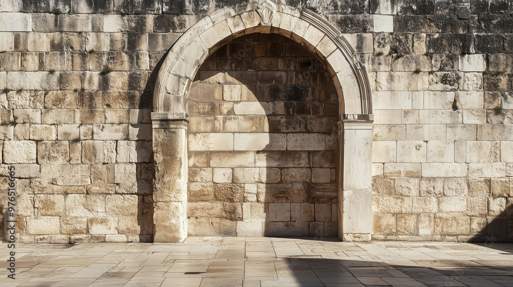 Ancient stone archway casting shadows on a sunlit cobblestone ground, showcasing historic architecture and weathered textures. Ancient stone archway casting shadows on a sunlit cobblestone ground, showcasing historic architecture and weathered textures.