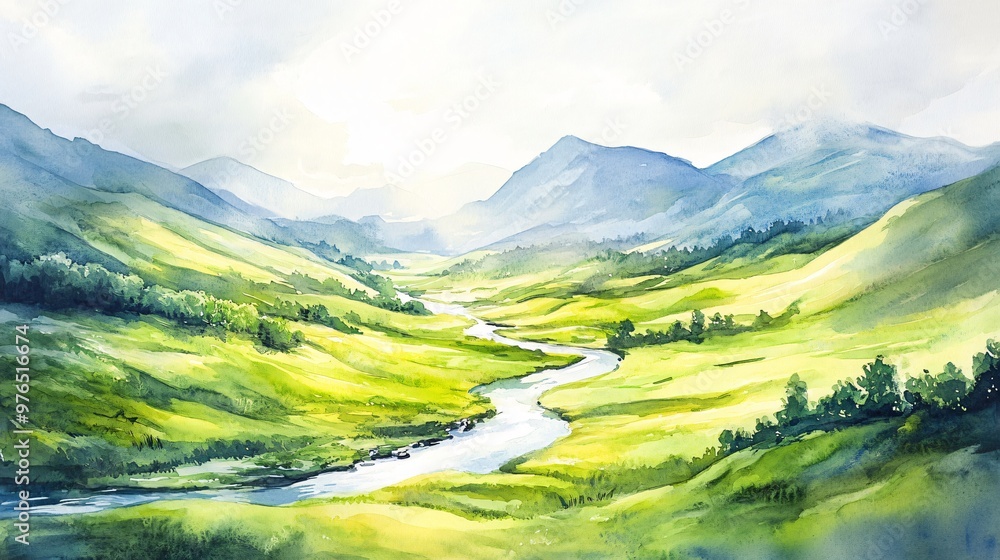 Watercolor painting of a winding river flowing through a green valley with mountains in the background. Watercolor painting of a winding river flowing through a green valley with mountains in the background.