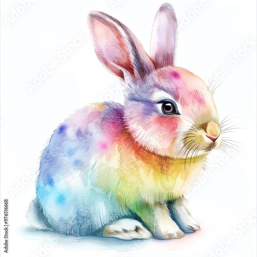 a cute rainbow bunny, Easter animal, watercolor illustration, pastel, isolated on white background photo