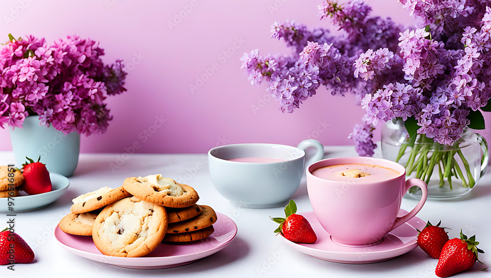 a pastel color ceramic cup and saucer set, surrounded by a lush arrangement of lilac flowers, which are in full bloom a pastel color ceramic cup and saucer set, surrounded by a lush arrangement of lilac flowers, which are in full bloom