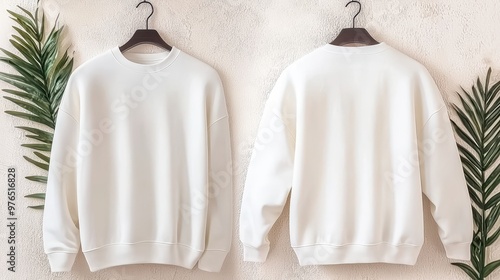 Blank White Crewneck Sweatshirt Mockup on Hanger with Green Plant