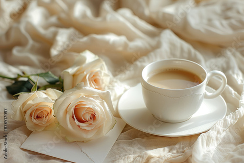 A cup of hot coffee, a white scarf, and roses