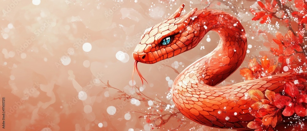 Obraz premium Vibrant Red Dragon in a Fantasy Setting with Sparkling Background and Autumn Elements