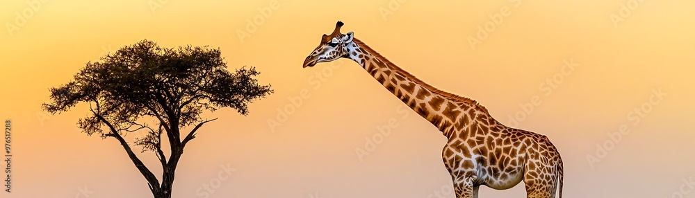 A majestic giraffe gracefully stands tall beside a solitary tree against a stunning sunset backdrop, showcasing the beauty of nature. A majestic giraffe gracefully stands tall beside a solitary tree against a stunning sunset backdrop, showcasing the beauty of nature.