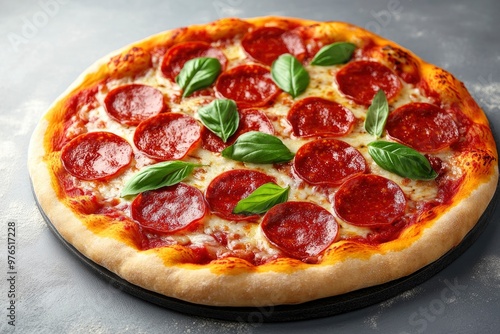 Tasty pepperoni pizza with basil on grey table , ai