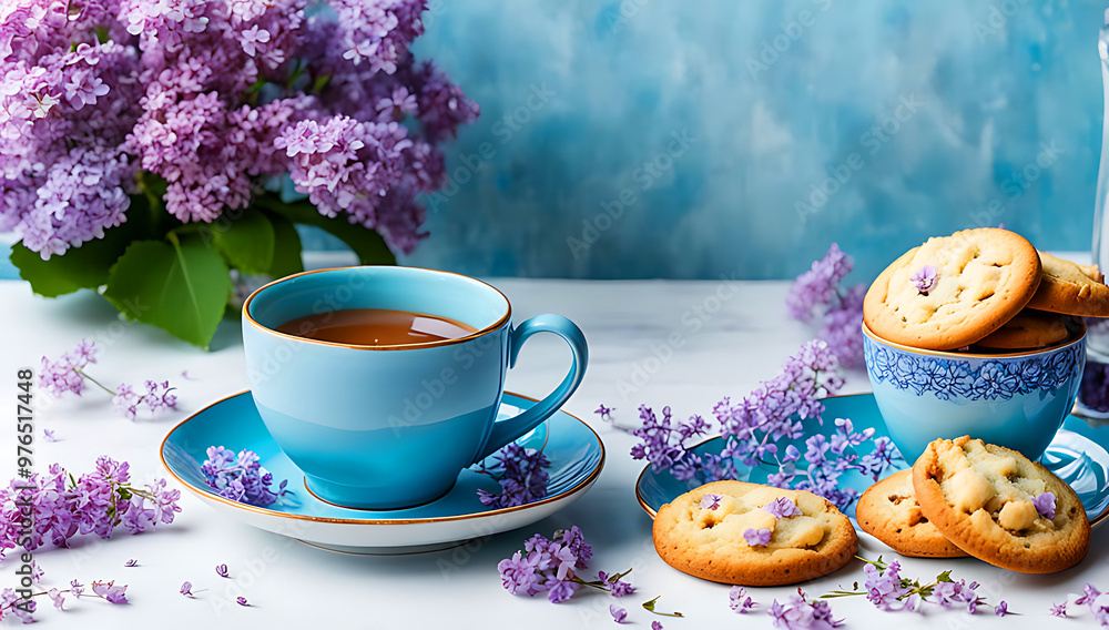 a pastel color ceramic cup and saucer set, surrounded by a lush arrangement of lilac flowers, which are in full bloom a pastel color ceramic cup and saucer set, surrounded by a lush arrangement of lilac flowers, which are in full bloom