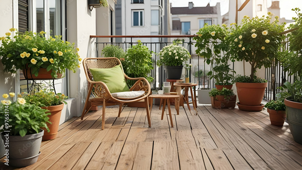 Beautiful balcony or terrace with chairs, natural material decorations and green potted flowers plants. Sunny stylish balcony home terrace with city buildings background, Beautiful balcony or terrace with chairs, natural material decorations and green potted flowers plants. Sunny stylish balcony home terrace with city buildings background,