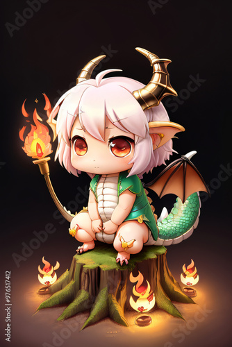 Adorable Chibi Dragon Holding a Flame Full-Body Illustration photo