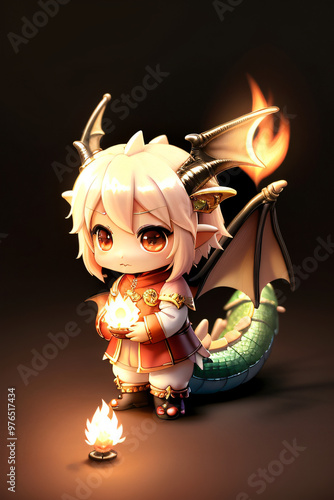 Adorable Chibi Dragon Holding a Flame Full-Body Illustration photo