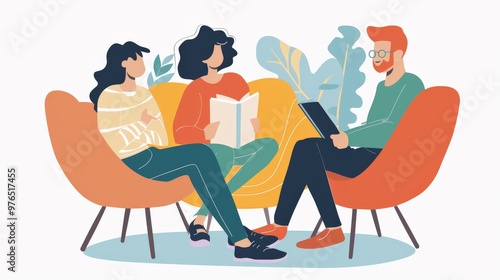 Three partners sharing a quiet moment, one reading aloud to the others, depicting a polyamorous relationship