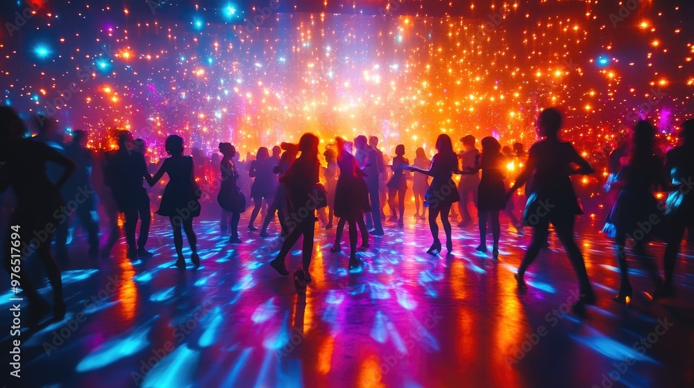 Vibrant Dance Party Under Dazzling Lights - People Dancing at Night Vibrant Dance Party Under Dazzling Lights - People Dancing at Night