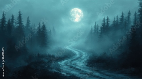 Haunting Journey: Ghostly figure on lonely road in foggy forest under faint moon, creating eerie and desolate scene