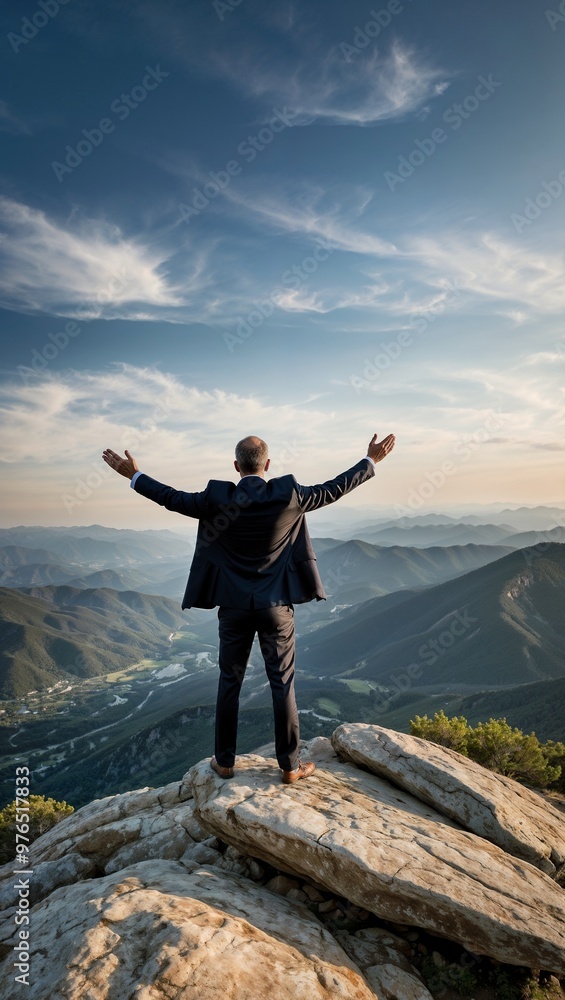 Businessman at the summit, with panoramic view. Concept of achievement and triumph. Businessman at the summit, with panoramic view. Concept of achievement and triumph.