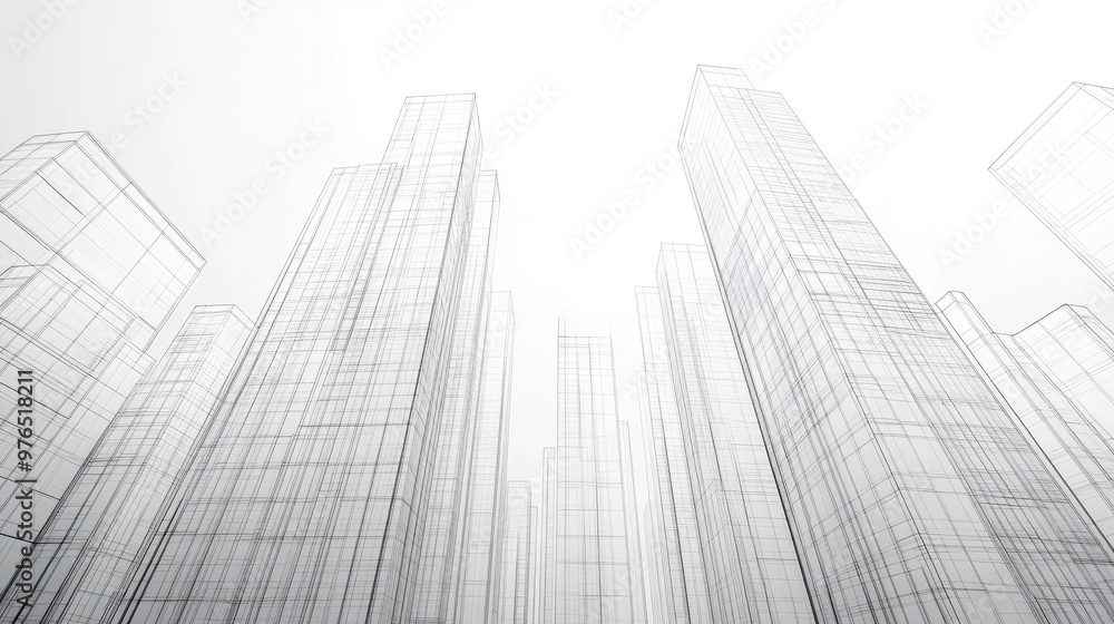Fototapeta premium Abstract Architectural Wireframe Cityscape of Modern Skyscrapers on White Background