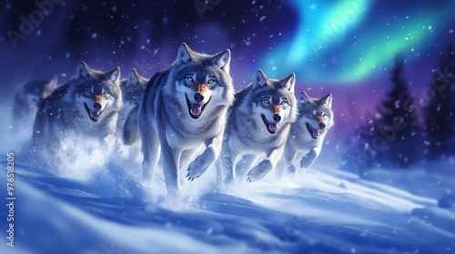 Wallpaper Mural A pack of wolves running through the snow under the northern lights, showcasing the beauty of nature and wildlife. Torontodigital.ca