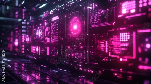 Futuristic Digital Data Center with Neon Pink Cybersecurity Interface