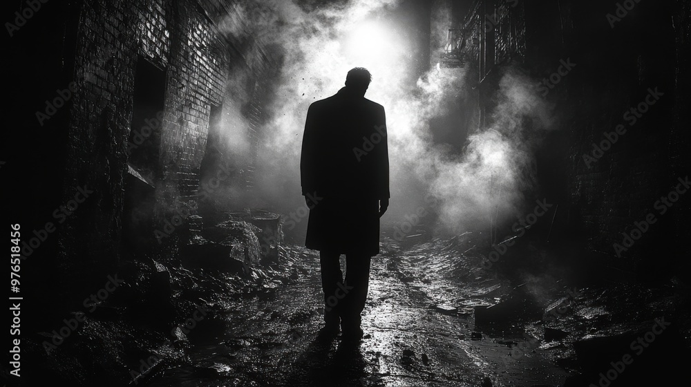 Eerie Ghostly Figure in Dark Alley with Flickering Streetlight - Urban Haunting Concept Eerie Ghostly Figure in Dark Alley with Flickering Streetlight - Urban Haunting Concept