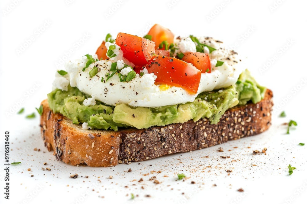 Avocado Toast, Toasted bread topped with mashed avocado, and often garnished with ingredients like tomatoes, poached eggs, feta cheese, and chili flakes. Isolated on White Background Avocado Toast, Toasted bread topped with mashed avocado, and often garnished with ingredients like tomatoes, poached eggs, feta cheese, and chili flakes. Isolated on White Background