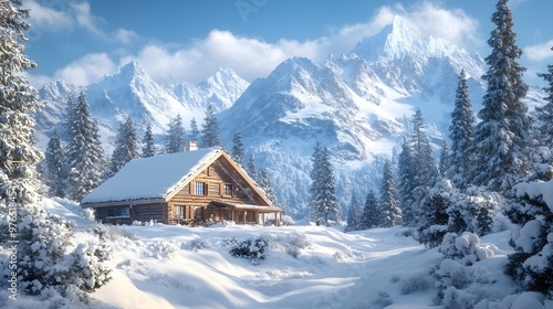 Cozy Cabin in Snowy Mountains, Winter Wonderland