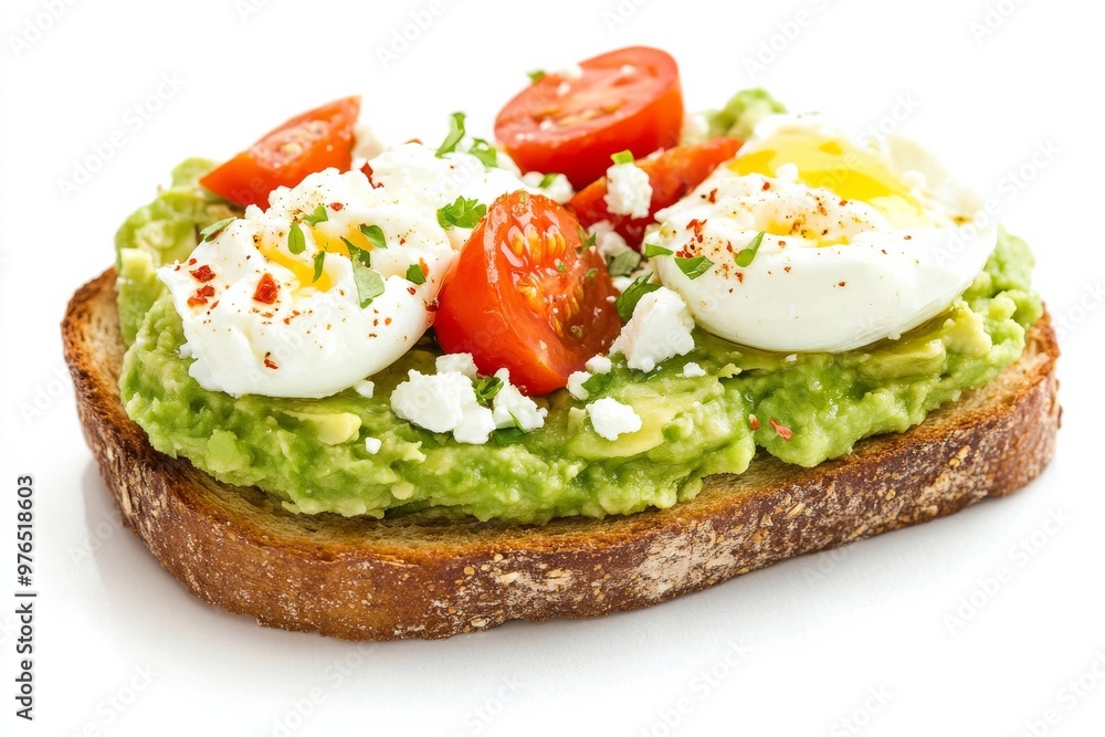Avocado Toast, Toasted bread topped with mashed avocado, and often garnished with ingredients like tomatoes, poached eggs, feta cheese, and chili flakes. Isolated on White Background Avocado Toast, Toasted bread topped with mashed avocado, and often garnished with ingredients like tomatoes, poached eggs, feta cheese, and chili flakes. Isolated on White Background
