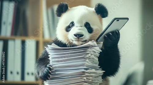 A panda balancing a stack of paperwork in one hand while holding a phone in the other, showing the stress of office life