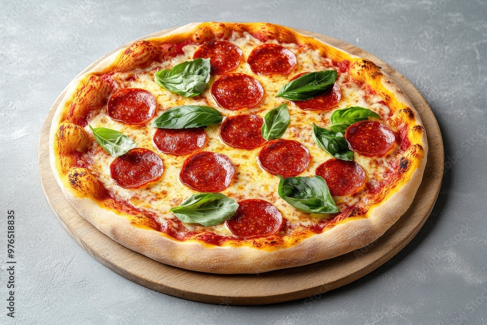 Tasty pepperoni pizza with basil on grey table , ai Tasty pepperoni pizza with basil on grey table , ai