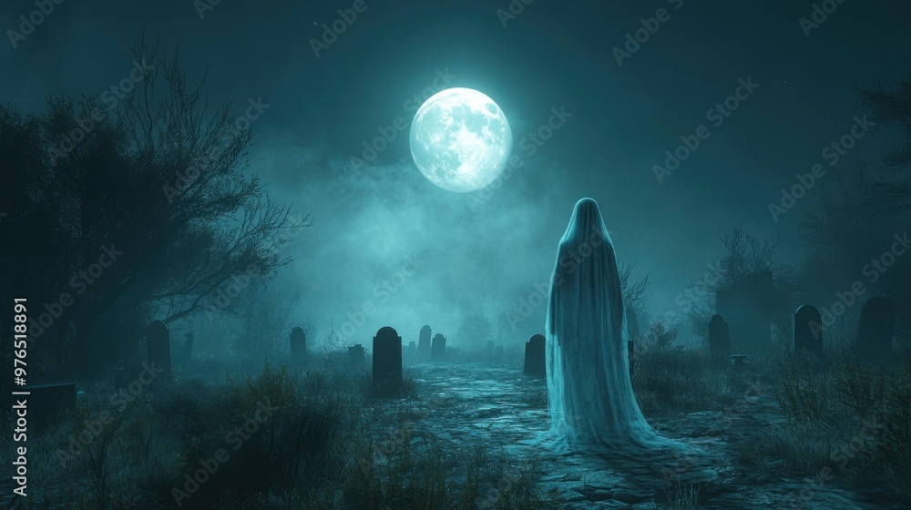 Obraz premium Eerie Ghost in Foggy Graveyard Under Full Moonlight