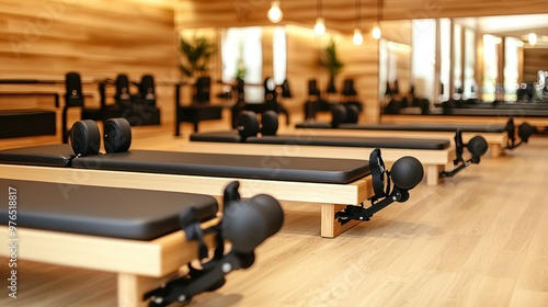 Pilates Studio Interior with Wooden Reformers