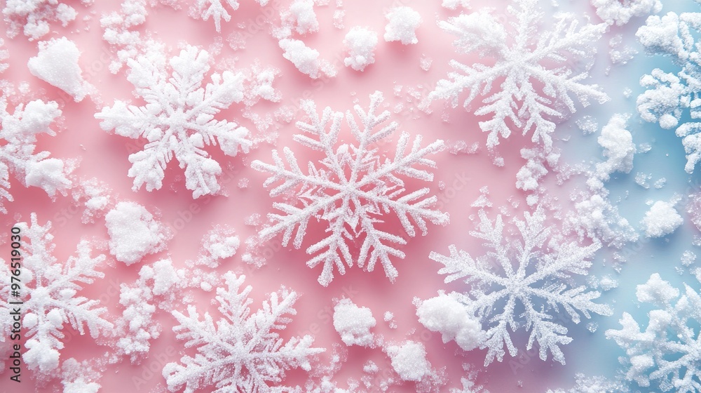 Close-up of Sparkling Snowflakes on Soft Pink and Blue Gradient Background Close-up of Sparkling Snowflakes on Soft Pink and Blue Gradient Background
