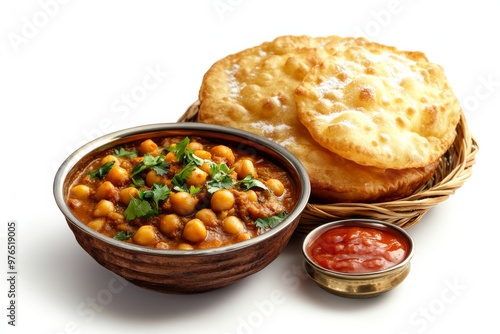 Chole Bhature, A combination of spicy chickpea curry (chole) and deep-fried bread (bhature), commonly enjoyed as a hearty breakfast or lunch. Isolated on White Background